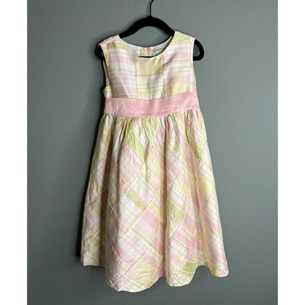 Janie and Jack 100% Silk Plaid Girls 6 Sleeveless Pastel Bow Dress
